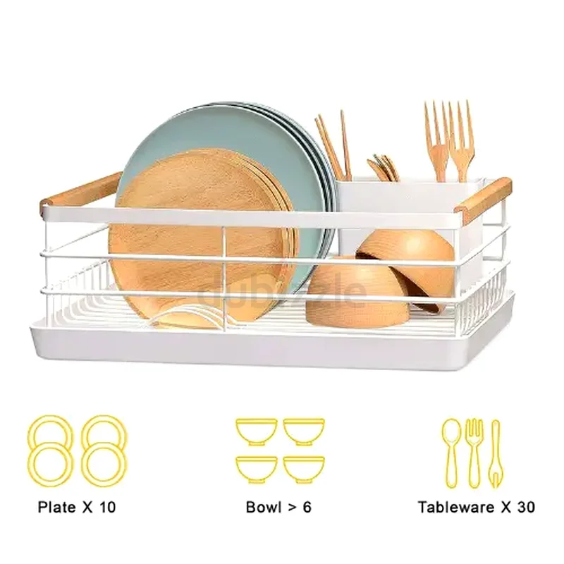 MODERN DISH DRYING RACK, WOODEN HANDLE DISH RACK, CHOPSTICK HOLDER AND SPOON HOLDER, WITH WATER DRAI63211431185793113