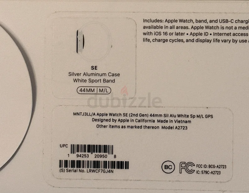ساعة Apple Watch SE الجيل الثاني (نظام تحديد المواقع) بحجم 44 مم، غلاف من الألومنيوم مع سوار رياضي أبيض - مقاس M/L - فضي | MNTJ3L63263512328963113