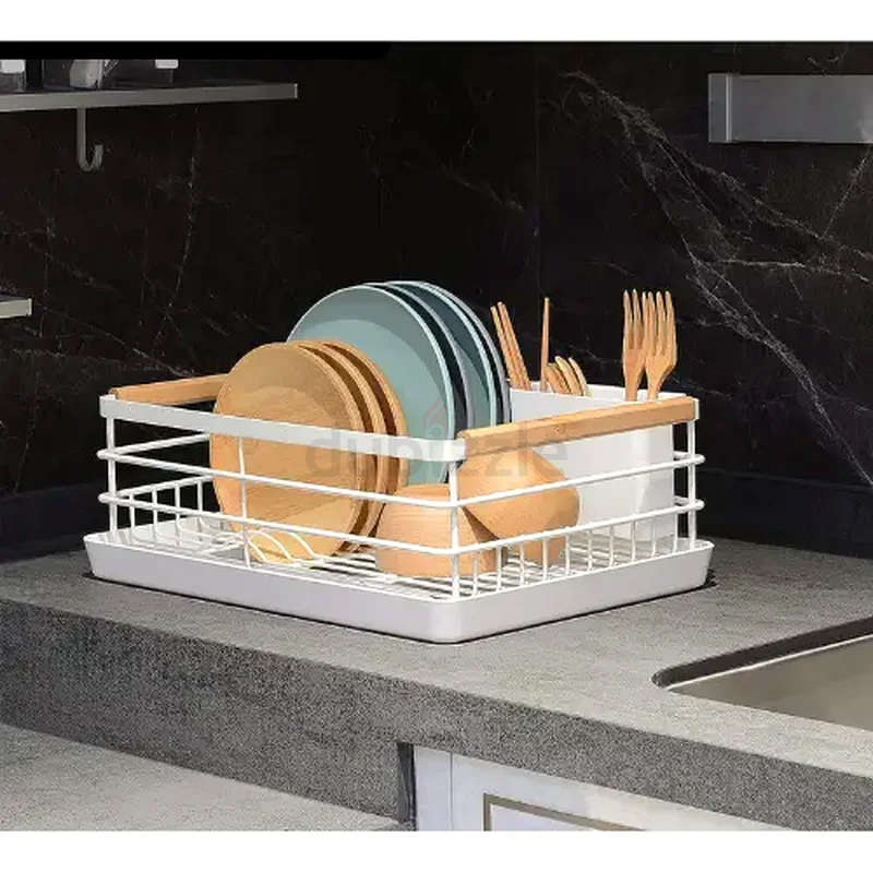 MODERN DISH DRYING RACK, WOODEN HANDLE DISH RACK, CHOPSTICK HOLDER AND SPOON HOLDER, WITH WATER DRAI63211431185793111