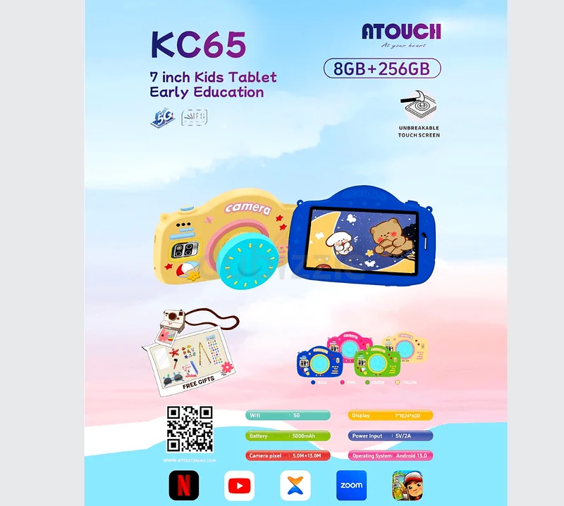 جهاز لوحي للأطفال من Atouch يلامس القلب KC65 مع غطاء من السيليكون - شاشة 7 بوصة بنظام أندرويد 13، واي فاي 5G63222342879233113
