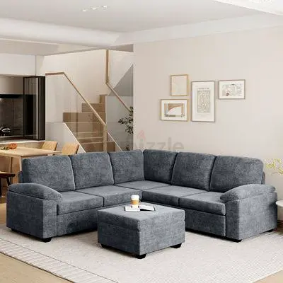 Stylish Grey Sectional Sofa with Ottoman – Perfect for Modern Living Rooms!