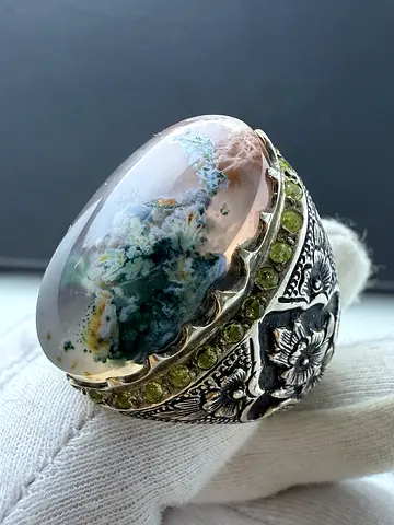 خاتم بحجر عقيق شجري فخم درجة أولى