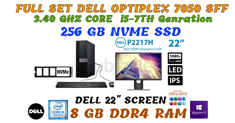 مجموعة كاملة DELL OPTILEX 7050 SFF - معالج i5-7500 - شاشة LED مقاس 22 بوصة من DELL - قرص صلب من نوع NVME بسعة 256 جيجابايت - ذاكرة وصول عشوائي DDR4 بسعة 8 جيجابايت - لوحة مفاتيح632673593347861111