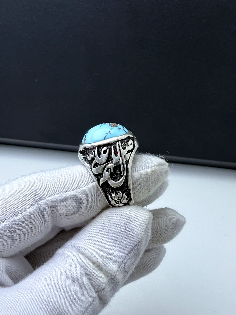 خاتم بحجر فيروز نيشابوري عنكبوتي فخم - A luxurious ring with a spiderweb-patterned Nishapuri turquoi63230183383169111