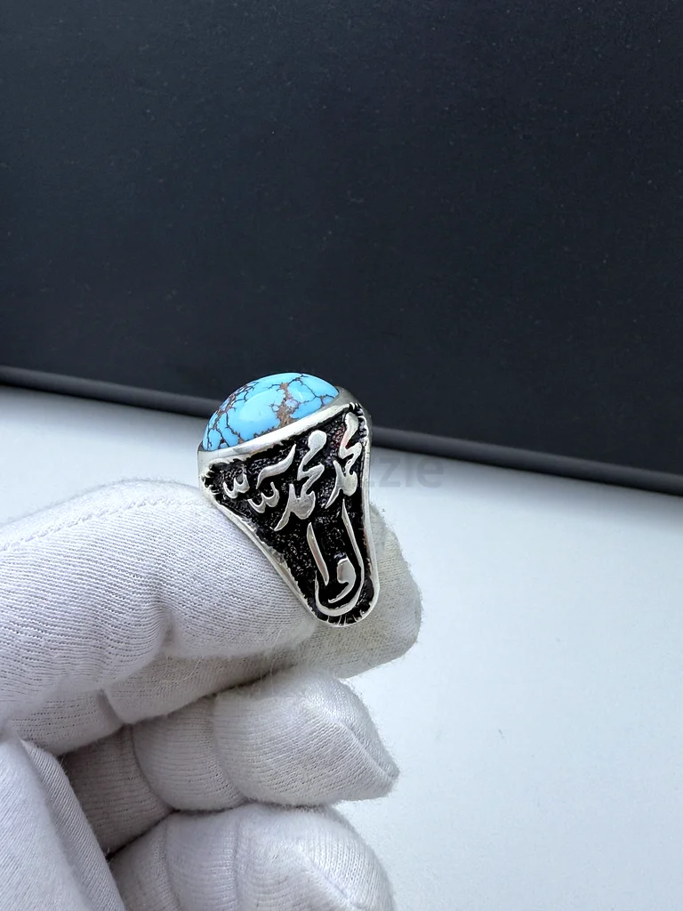 خاتم بحجر فيروز نيشابوري عنكبوتي فخم - A luxurious ring with a spiderweb-patterned Nishapuri turquoi63230183383169112