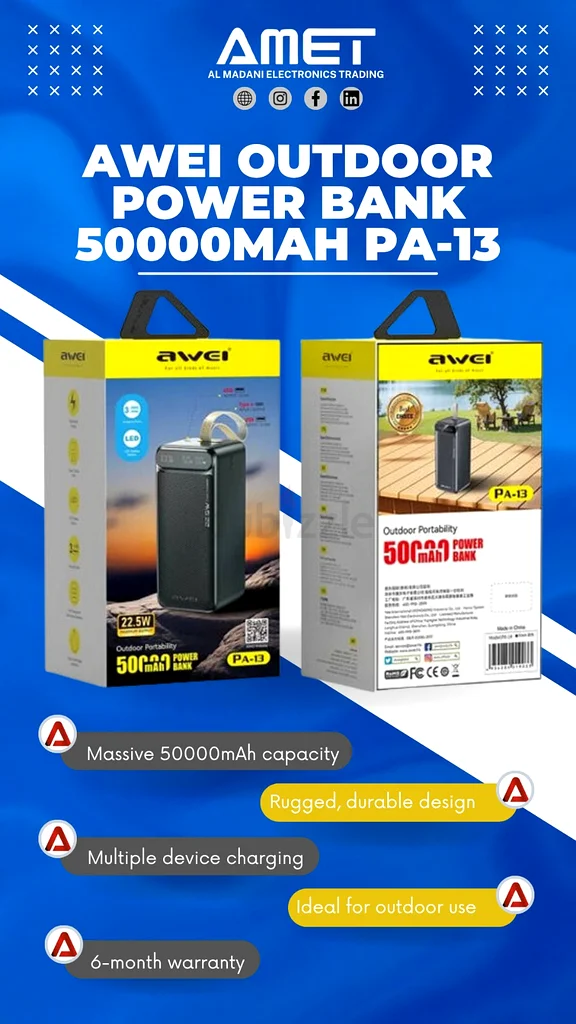 Awei بنك طاقة خارجي 50000 مللي أمبير في الساعة PA-13 - مثالي للمغامرات!63222843050883111