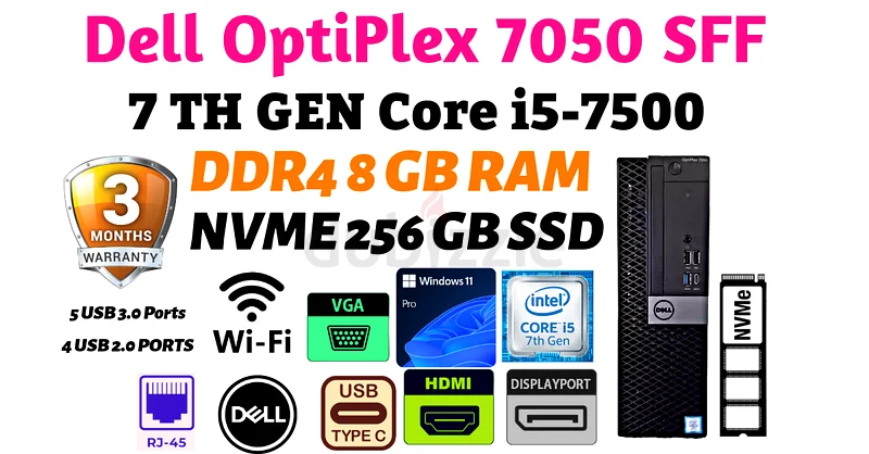 جهاز كمبيوتر مكتبي من ديل من الجيل السابع، طراز OptiPlex 7050 SFF، معالج أساسي i5-7500، نظام ويندوز 11 برو، ذاكرة وصول عشوائي DDR4 سعة 8 جيجابايت، وسعة تخزين 256 جيجابايت من نوع NVMe SSD، مع واي فاي63267359274242119