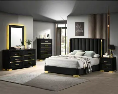 Elegant Black and Gold Bedroom Set - Bed, Dresser, Nightstand  Mirror