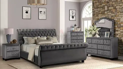 Stylish Grey Upholstered Bed Set with Nightstands and Dresser