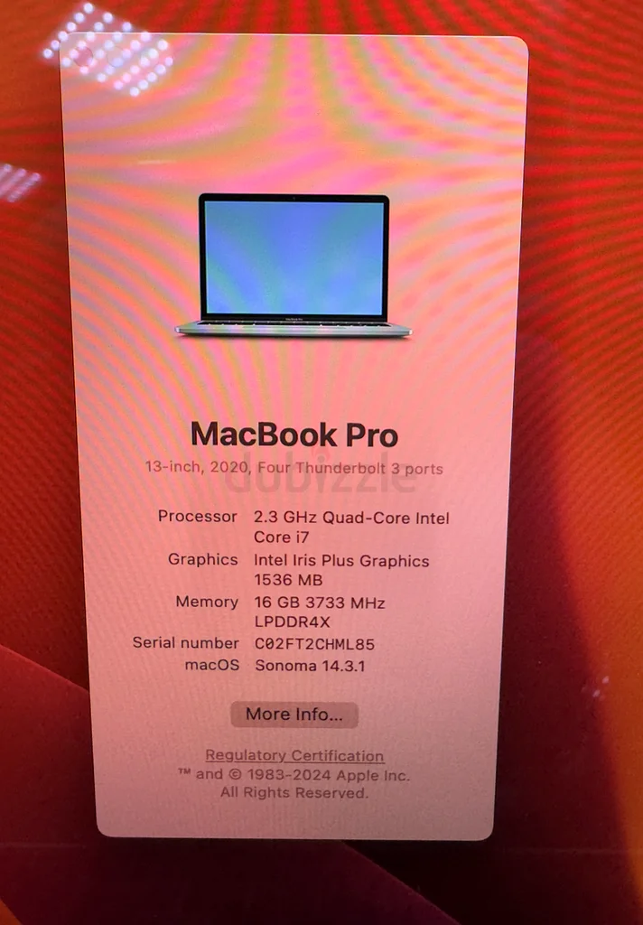 ماك بوك برو 2020 بحجم 13 بوصة، معالج إنتل كور i7، 16 جيجابايت، 512 جيجابايت63262932159617114