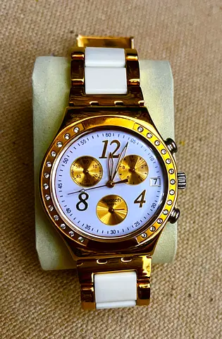 GONETAKEN Most beautiful SWATCH Irony Gold Diamond accents Chronograph watch rado longines omega 18k