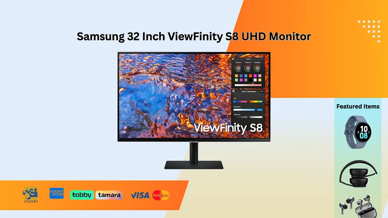 شاشة سامسونج 32 بوصة، طراز ViewFinity S80A، شاشة عرض دقة 4K UHD، منفذ USB-C، دعم HDR10، حامل مريح، طراز ViewFinity S8 SE632635130106901128