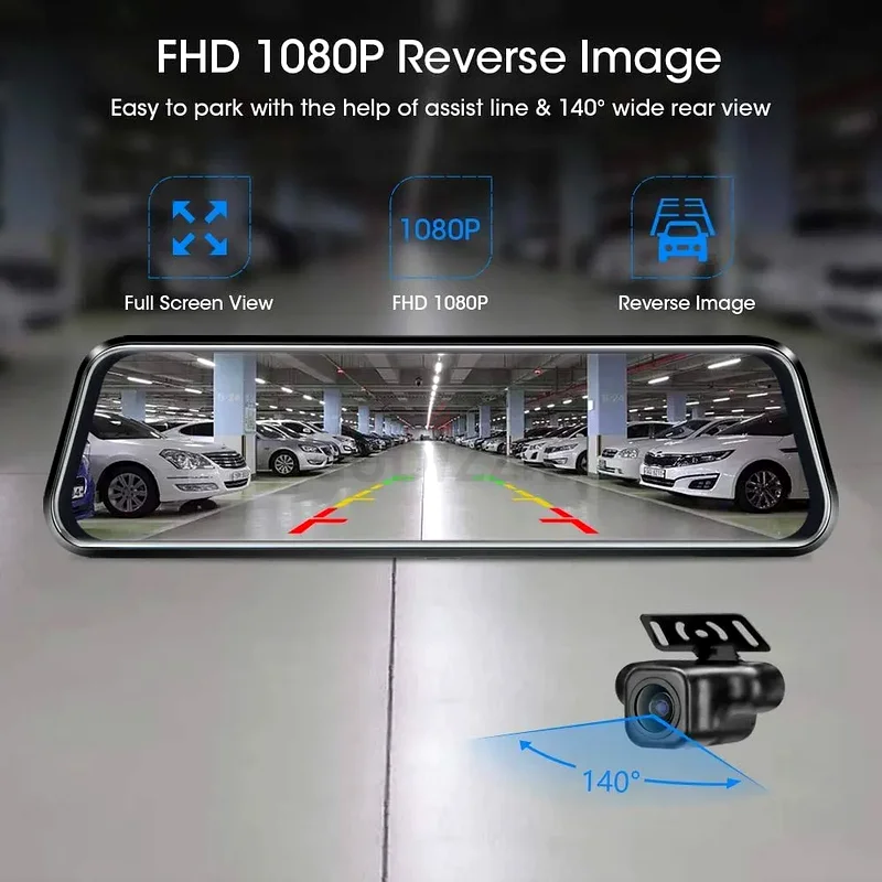 كاميرا مراقبة أمامية وخلفية بدقة 1080P بدقة عالية بالكامل بشاشة لمس كاملة، رؤية ليلية، موديل Jansite 10 مرآة63263524623235114