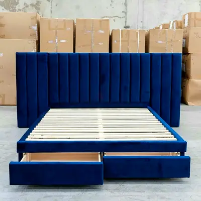 Stylish Blue Velvet Bed with Storage Drawers