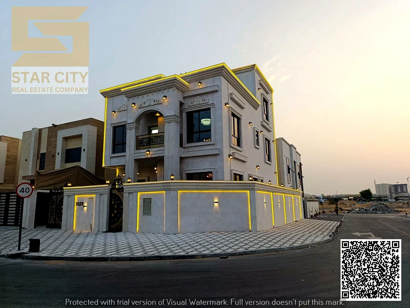 For sale, a luxurious corner villa in Al Helio 2 - Ajman | 7 master bedrooms | 2 floors + roof | Freehold at a special price. Location: Al Helio 2 - A63896524335617112