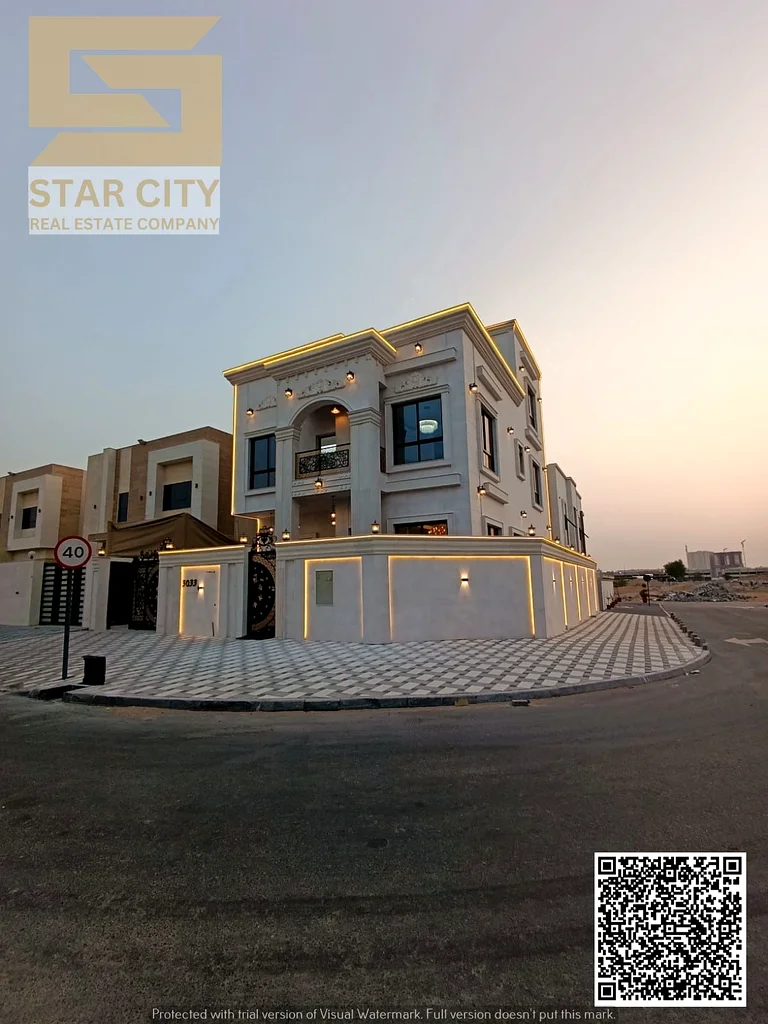 For sale, a luxurious corner villa in Al Helio 2 - Ajman | 7 master bedrooms | 2 floors + roof | Freehold at a special price. Location: Al Helio 2 - A63896524335617111