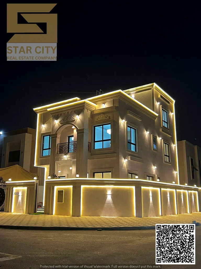 For sale, a luxurious corner villa in Al Helio 2 - Ajman | 7 master bedrooms | 2 floors + roof | Freehold at a special price. Location: Al Helio 2 - A63896524335617110