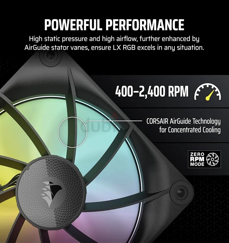 Corsair 120mm PWM Fan - LX120 RGB - 2400 RPM - 69.9 CFM - 5.22mm H2O - AirGuide Technology - Black63264090972161112