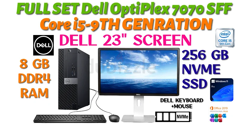 مجموعة كاملة من Dell OptiPlex 7070 SFF بشاشة 23 بوصة ومعالج Core i5 من الجيل التاسع وذاكرة وصول عشوائي بسعة 8 جيجابايت وقرص صلب من نوع NVMe SSD بسعة 256 جيجابايت ونظام تشغيل Windows 11 Pro63267359363969118