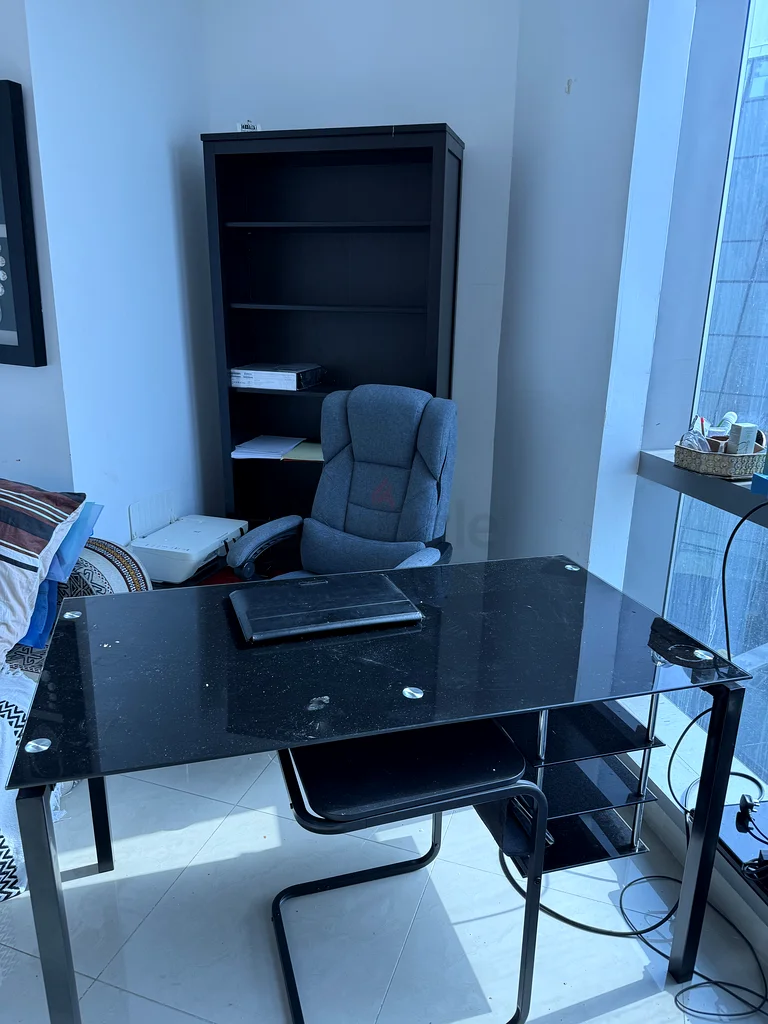 Sleek Glass-Top Study Table with Comfortable Office Chair and bookshelf632178231605791113
