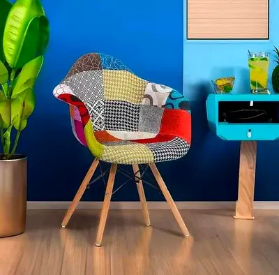 Patchwork Classic Retro Modern Eames Large Soft Cushioned Dining Chair for Sale
