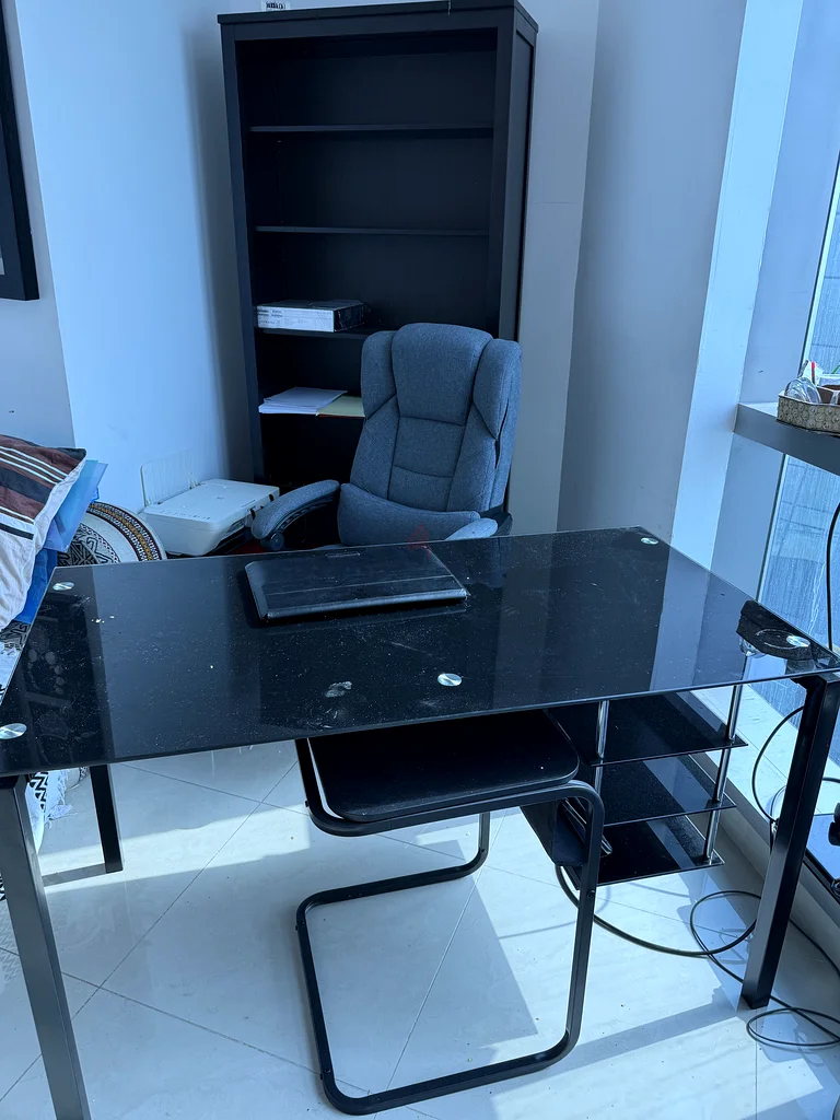 Sleek Glass-Top Study Table with Comfortable Office Chair and bookshelf63217823160579111