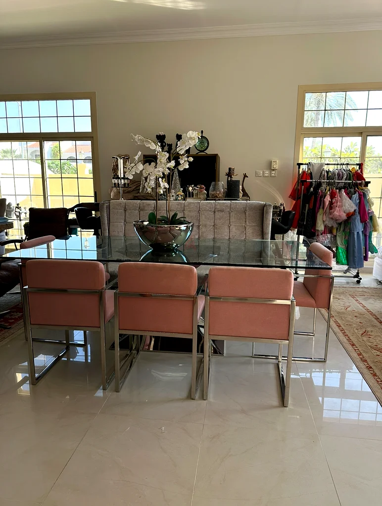 Elegant Glass Dining Table with Stylish Pink Chairs and Bench From Marina Home63191607554051112