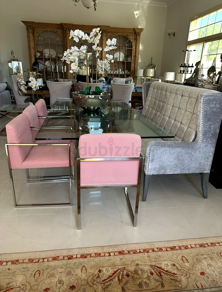 Elegant Glass Dining Table with Stylish Pink Chairs and Bench From Marina Home63191607554051114