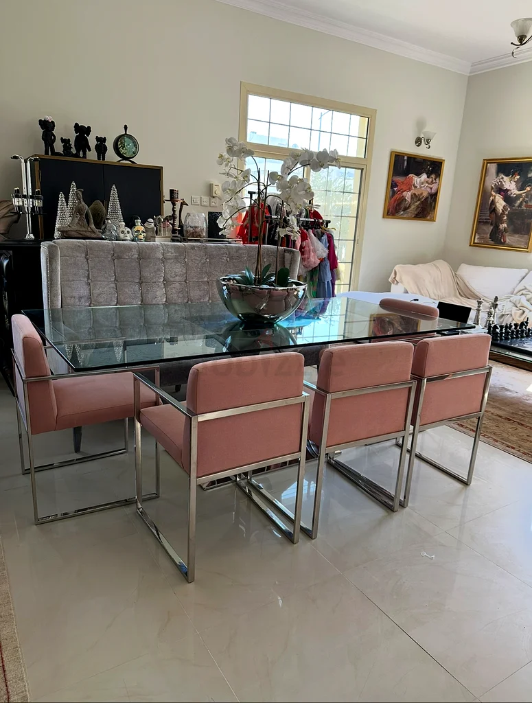 Elegant Glass Dining Table with Stylish Pink Chairs and Bench From Marina Home63191607554051111