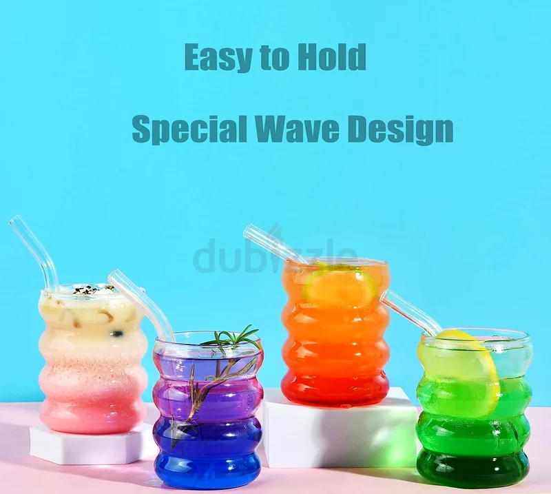 2269 - ORCHID M® 4 Pcs Ribbed Drinking Glass Cups with Glass Straws Set of 4, Aesthetic Iced Coffee63184220816003111