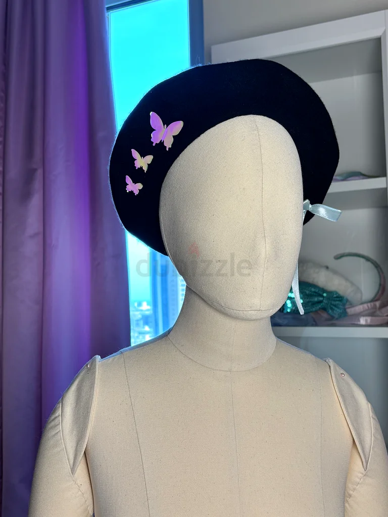 Chic Black Beret with Colorful Butterflies / moon phases63240640060291113