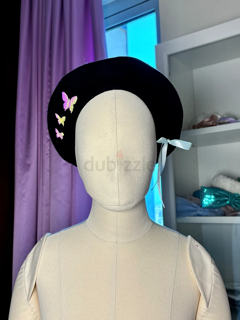Chic Black Beret with Colorful Butterflies / moon phases63240640060291110