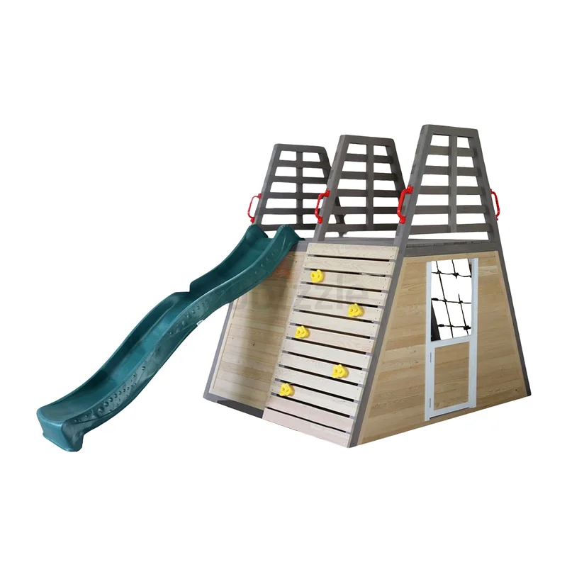 Backyard Wooden Playground with Plastic Slide and Climbing wall - 313 x 160 x 195 cms63205355627266111
