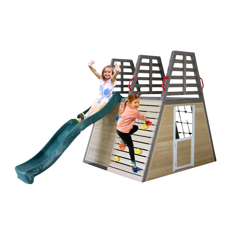 Backyard Wooden Playground with Plastic Slide and Climbing wall - 313 x 160 x 195 cms63205355627266112