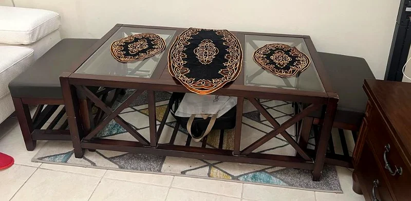 Elegant Glass-Top Coffee Table with Ottoman Seating63216347879554110