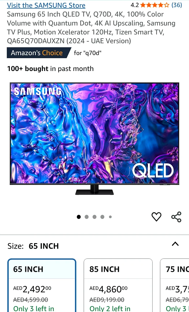 تلفزيون سامسونج QLED بحجم 65 بوصة من طراز Q70D مع ضمان من الشركة لمدة 8 أشهر63164784765697111