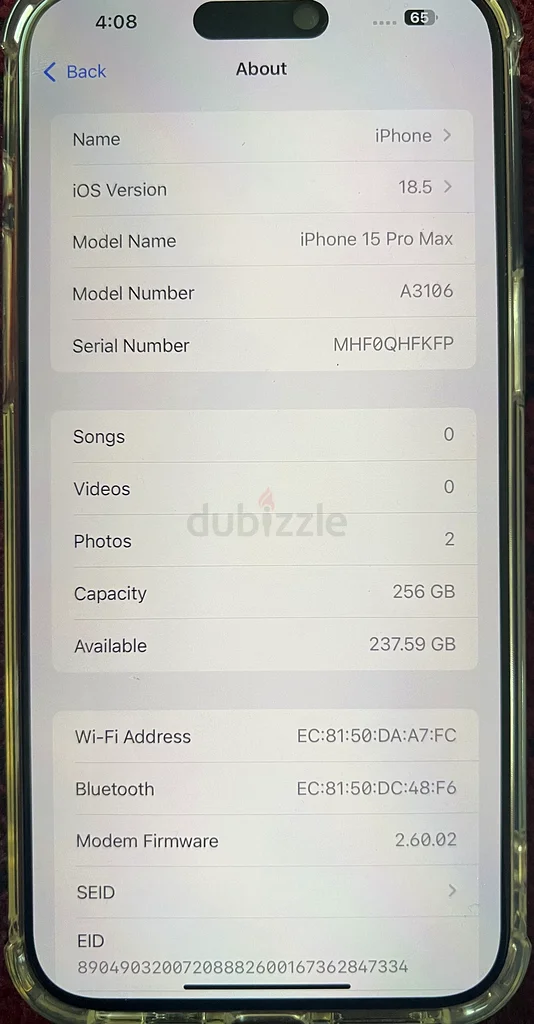 آيفون 15 برو ماكس 256 جيجابايت تيتانيوم – بطارية 90% – إصدار الإمارات63222341954690113