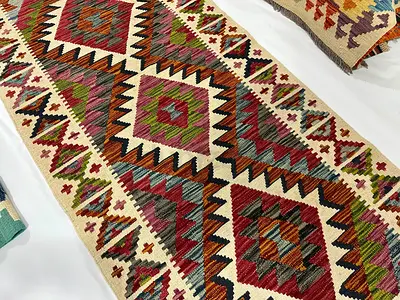83 x 288 cm | New Handmade Turkmen Kilim Runner Beige Multicolor