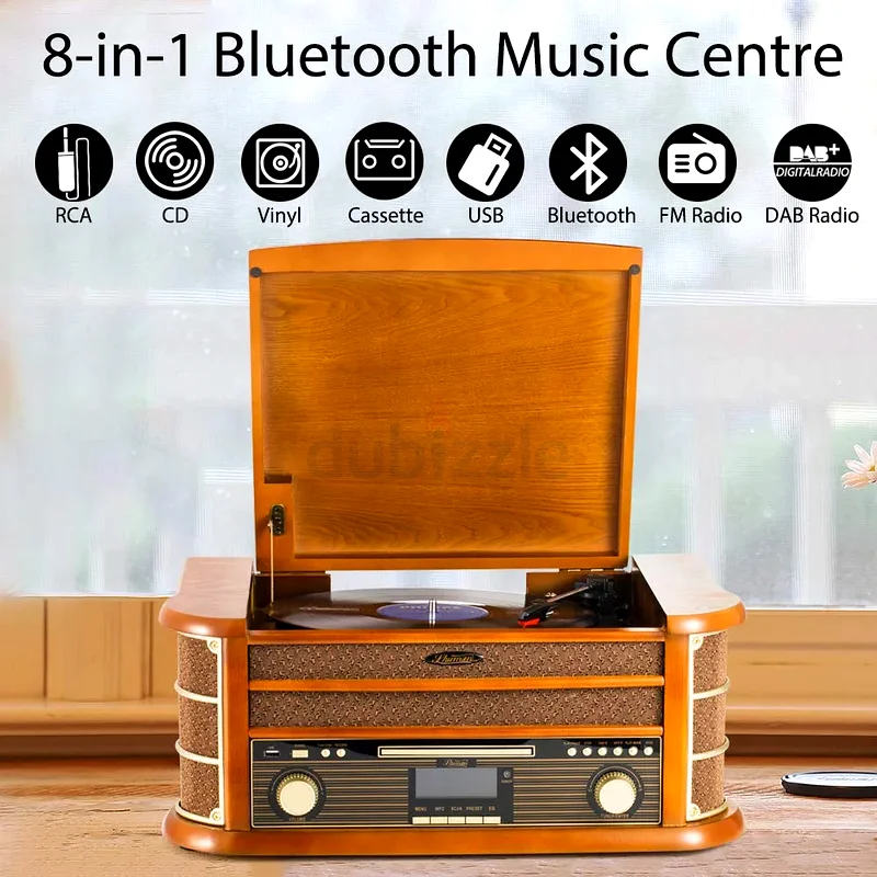 Shuman Vintage 8-in-1 Wireless Music Centre with Remote Control, DAB Digital/FM Radio, 3-Speed Turnt63198146056067113