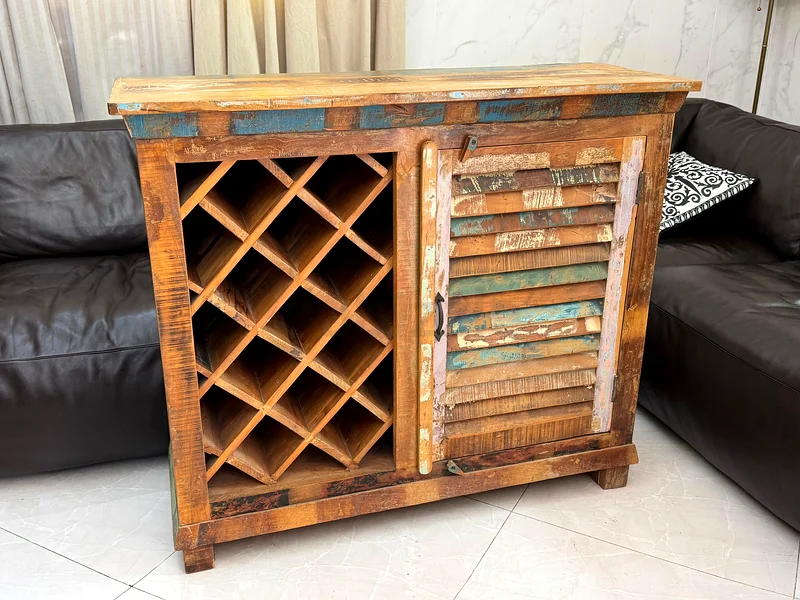 Reclaimed Wood Single Door Bar Cabinet with Wine Storage. Rustic. Multi color63209353097729114