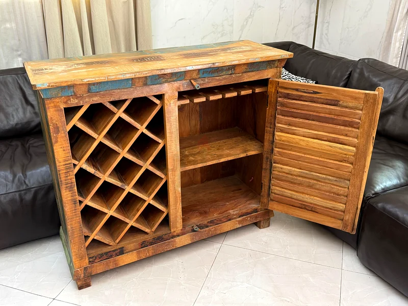 Reclaimed Wood Single Door Bar Cabinet with Wine Storage. Rustic. Multi color63209353097729111