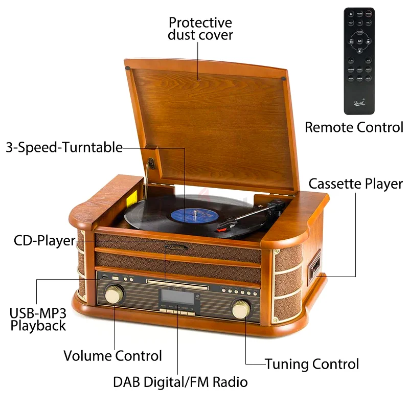 Shuman Vintage 8-in-1 Wireless Music Centre with Remote Control, DAB Digital/FM Radio, 3-Speed Turnt63198146056067112