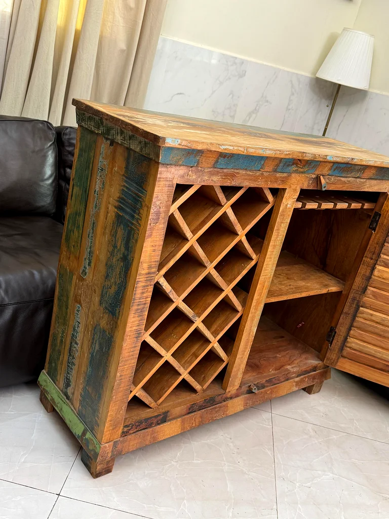 Reclaimed Wood Single Door Bar Cabinet with Wine Storage. Rustic. Multi color63209353097729113