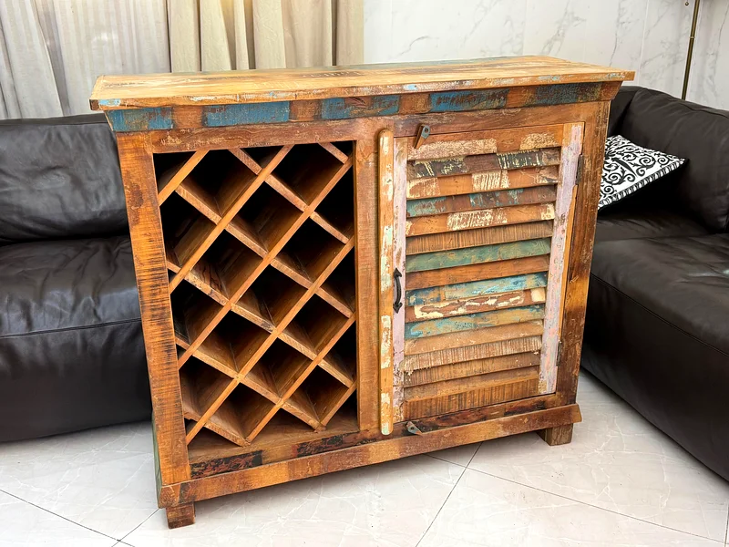 Reclaimed Wood Single Door Bar Cabinet with Wine Storage. Rustic. Multi color63209353097729112
