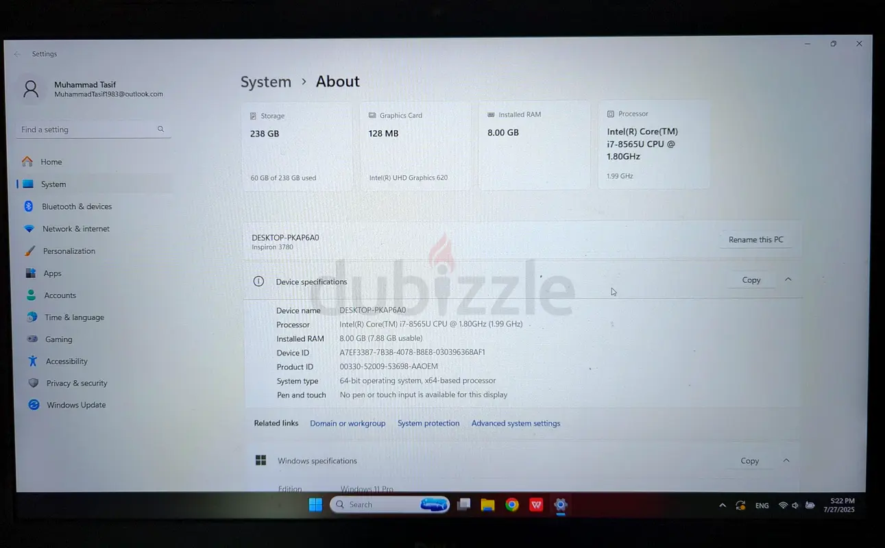 Dell Inspiron 3780 - Core i7 8Gen - Processer 1.80GHz - 1.99GHz - Ram 8GB - SSD 256GB