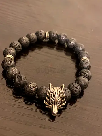 Lava Stone Bracelet with Wolf Charm