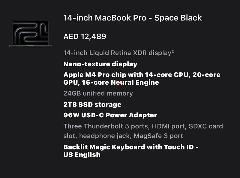 ماك بوك برو 14 بملمس نانو M4 برو - 14/20 نواة، 24 جيجابايت رام / 2 تيرابايت إس إس دي، جديد بالكامل مغلّف63197143650305111