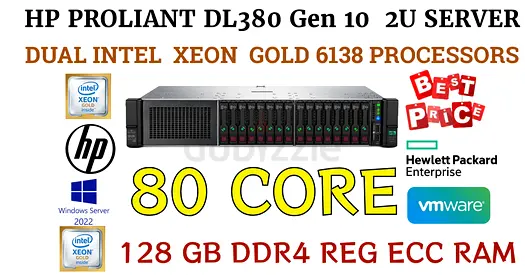 128GB RAM+ 80 CORE HP PROLIANT DL380 G10 SERVER-2 INTEL XEON GOLD 6138 CPU-6tb sas Hdd-16SFF 2U S