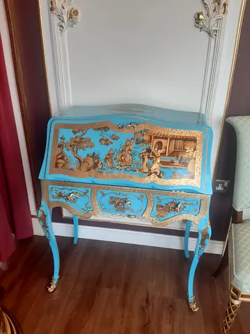 Elegant Vintage Hand painted Chinoiserie Campaign Desk in light Blue color with Gold Leaf Decors