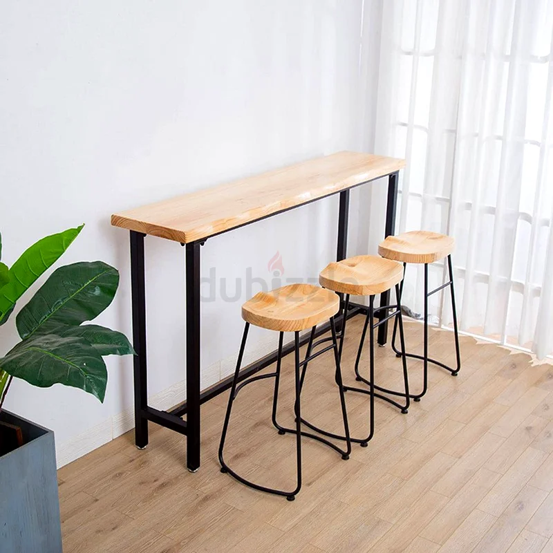 Wood Bar Table Solid Wood Classic Metal Frame Beige 150x45x105 cm Ideal for Kitchen Island Pub Count63209353369859112
